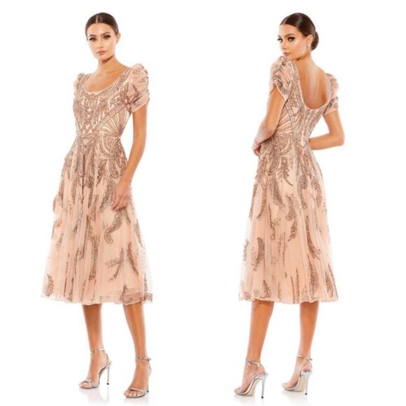Mac Duggal Dresses & Skirts - Mac Duggal 5434 Short Sleeve Apricot Beaded A-Line Tea Length Dress Size 8 NWT